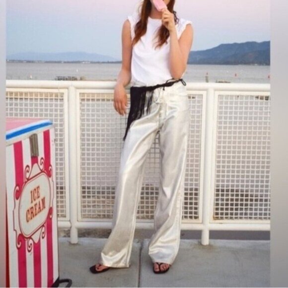 ZARA TRF Boyfriend Mid Rise Metallic Silver Wide Leg Jeans Size 14 - Picture 2 of 16